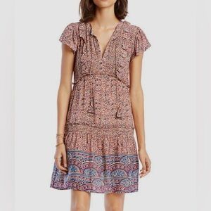 LINI Pink and Blue Sadie Ruffled Pintuck Short Sleeve Mini Dress